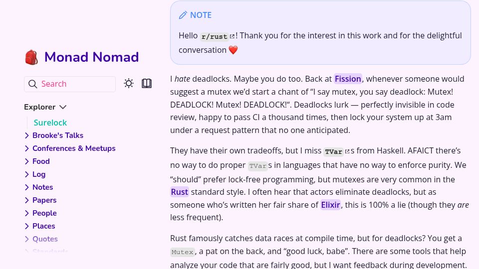 Screenshot of notes.brooklynzelenka.com: Surelock: Deadlock-Free Mutexes for Rust