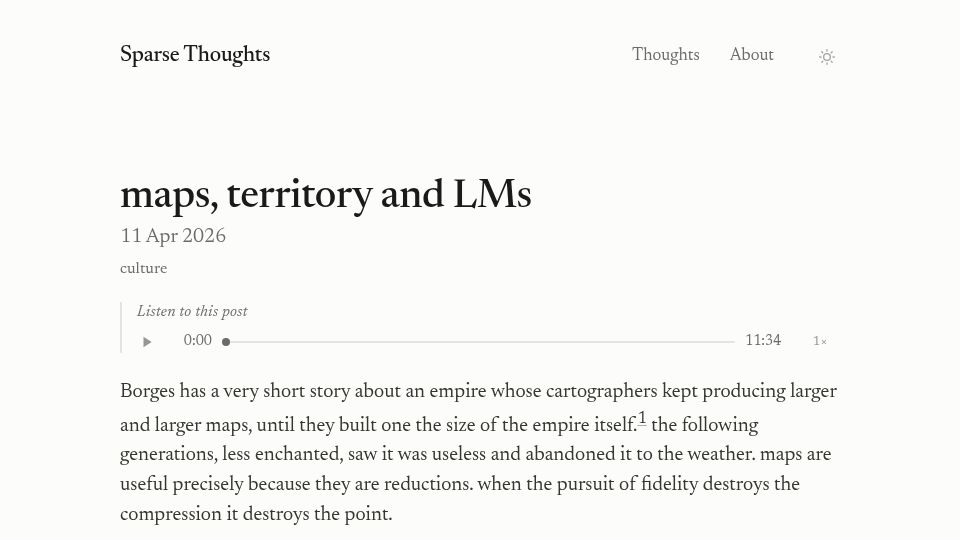 Screenshot of galsapir.github.io: Borges' cartographers and the tacit skill of reading LM output