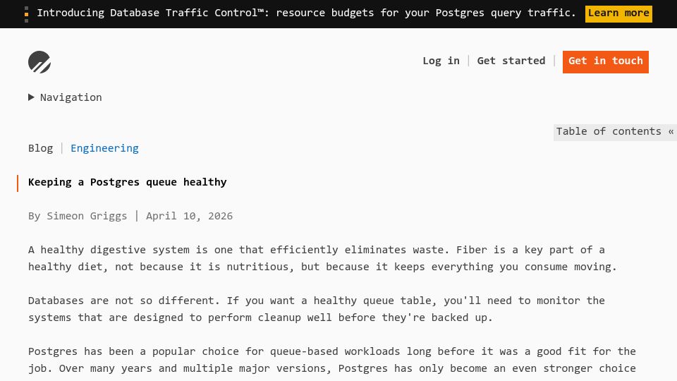 Screenshot of planetscale.com: Keeping a Postgres Queue Healthy