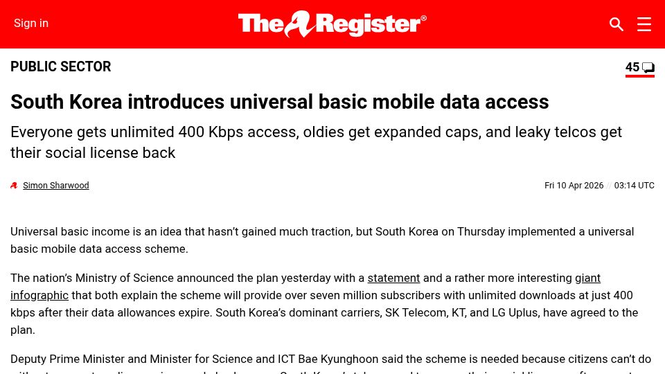 Screenshot of theregister.com: South Korea introduces universal basic mobile data access