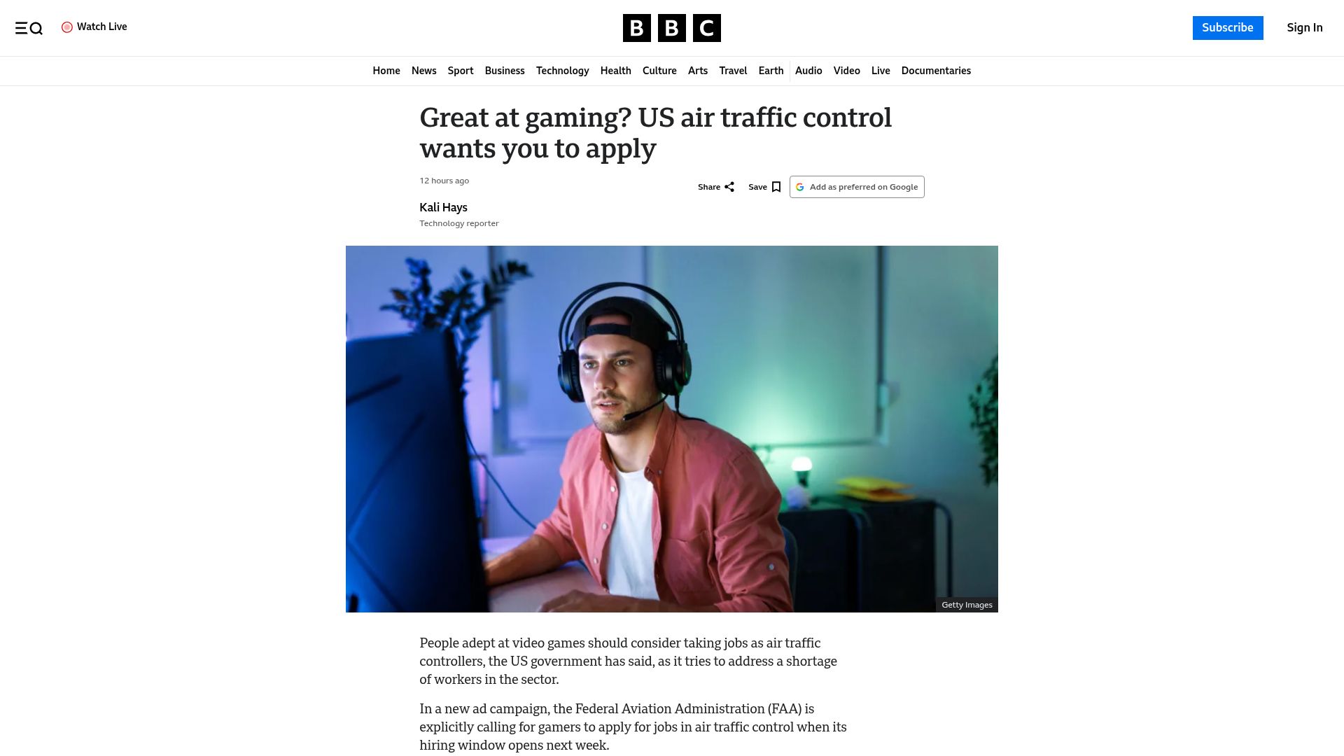 Screenshot of bbc.com: Great at gaming? US air traffic control wants you to apply