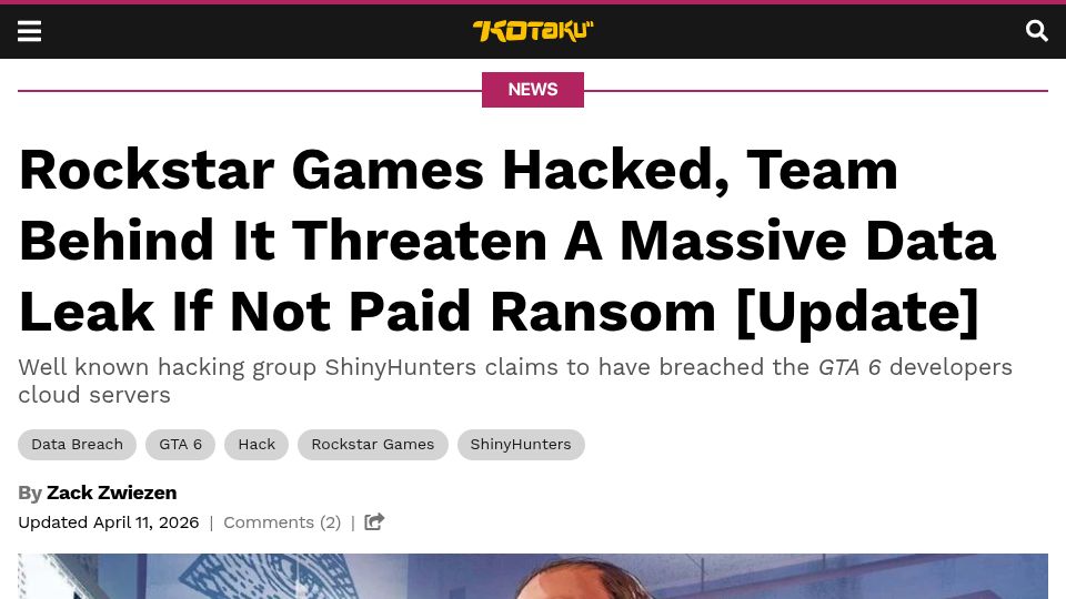 Screenshot of kotaku.com: Rockstar Games Hacked, Hackers Threaten a Massive Data Leak If Not Paid Ransom