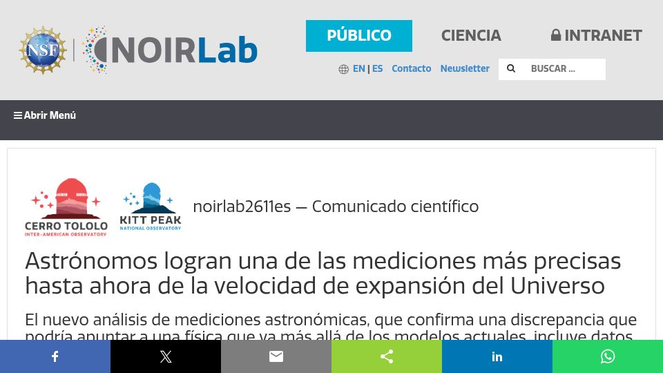 Screenshot of noirlab.edu: New synthesis of astronomical measurements shows Hubble tension is real