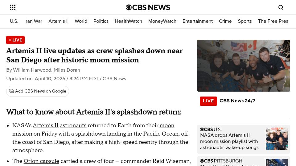 Screenshot of cbsnews.com: Artemis II safely splashes down