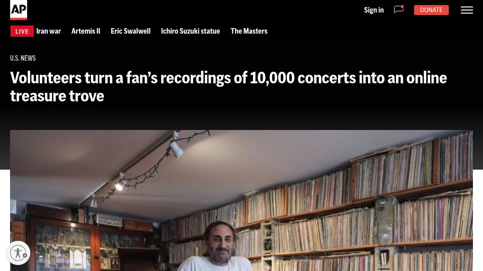 Screenshot of apnews.com: Volunteers turn a fan's recordings of 10K concerts into an online treasure trove