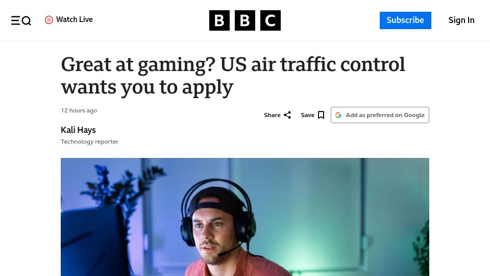 Screenshot of bbc.com: Great at gaming? US air traffic control wants you to apply