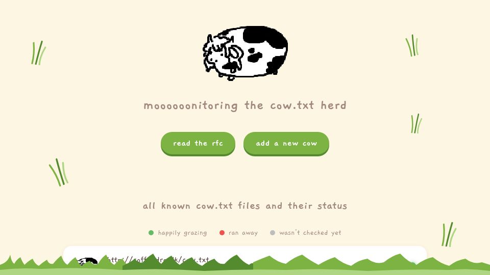 Screenshot of moooo.farm: Moooooonitoring the Cow.txt Herd