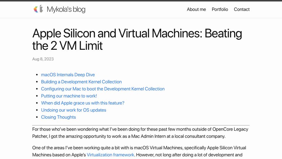 Screenshot of khronokernel.com: Apple Silicon and Virtual Machines: Beating the 2 VM Limit (2023)