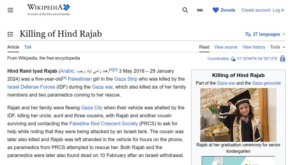 Screenshot of en.wikipedia.org: Killing of Hind Rajab (2024)