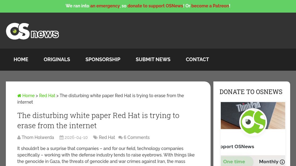 Screenshot of osnews.com: The disturbing white paper Red Hat is trying to erase from the internet