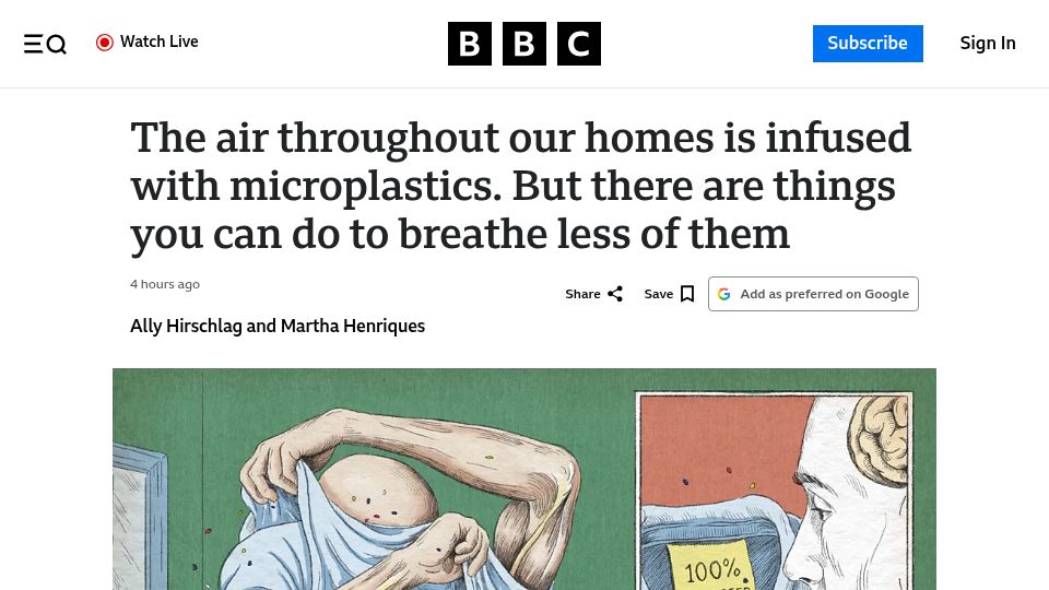 Screenshot of bbc.com: How to breathe in fewer microplastics in your home