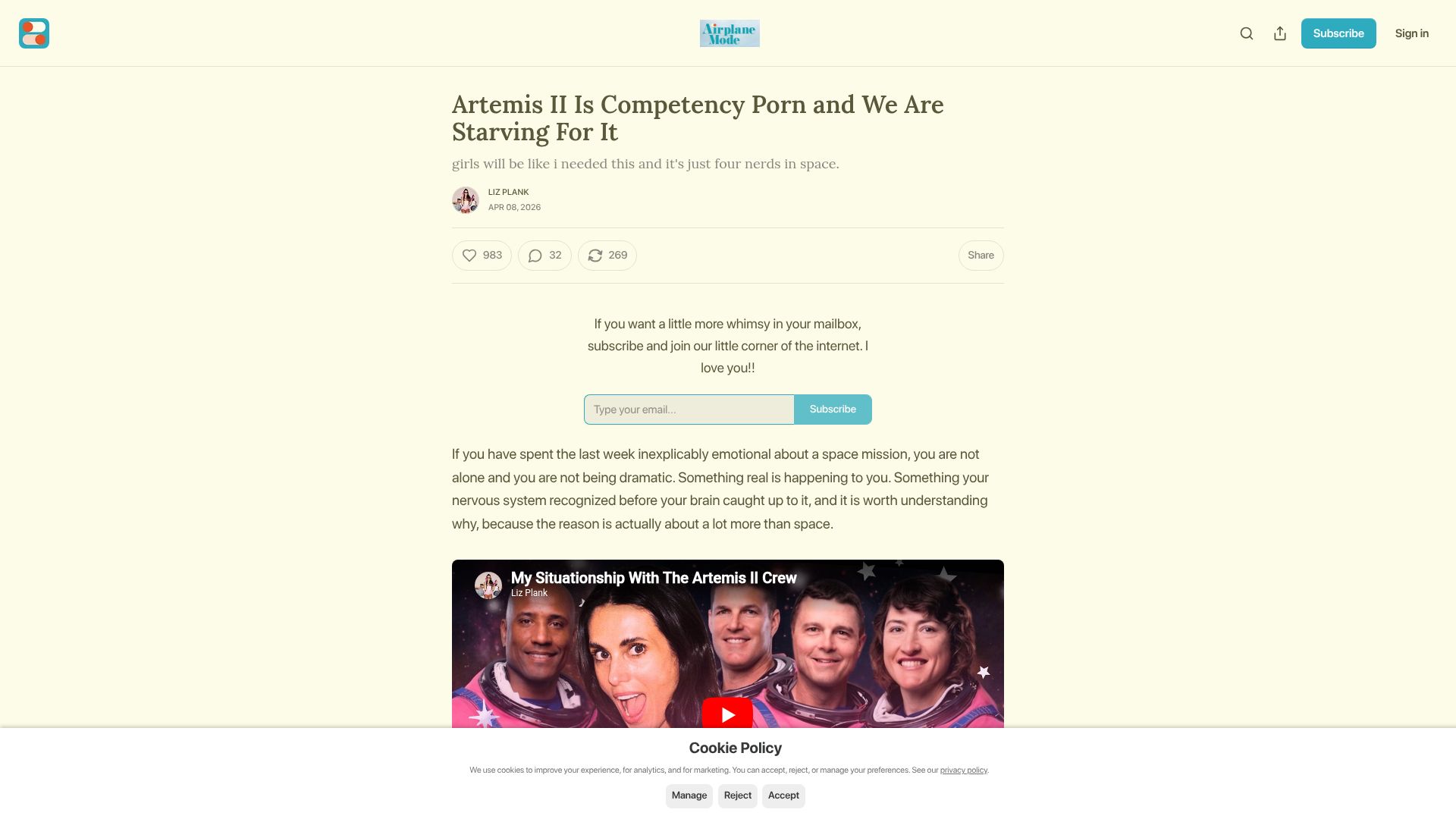 Screenshot of lizplank.substack.com: Artemis II is competency porn
