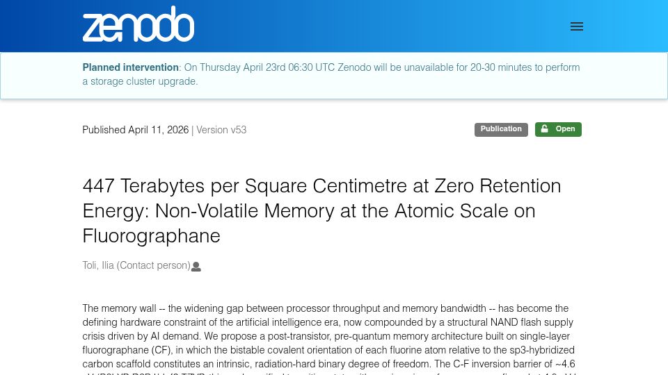 Screenshot of zenodo.org: 447 TB/cm² at zero retention energy – atomic-scale memory on fluorographane