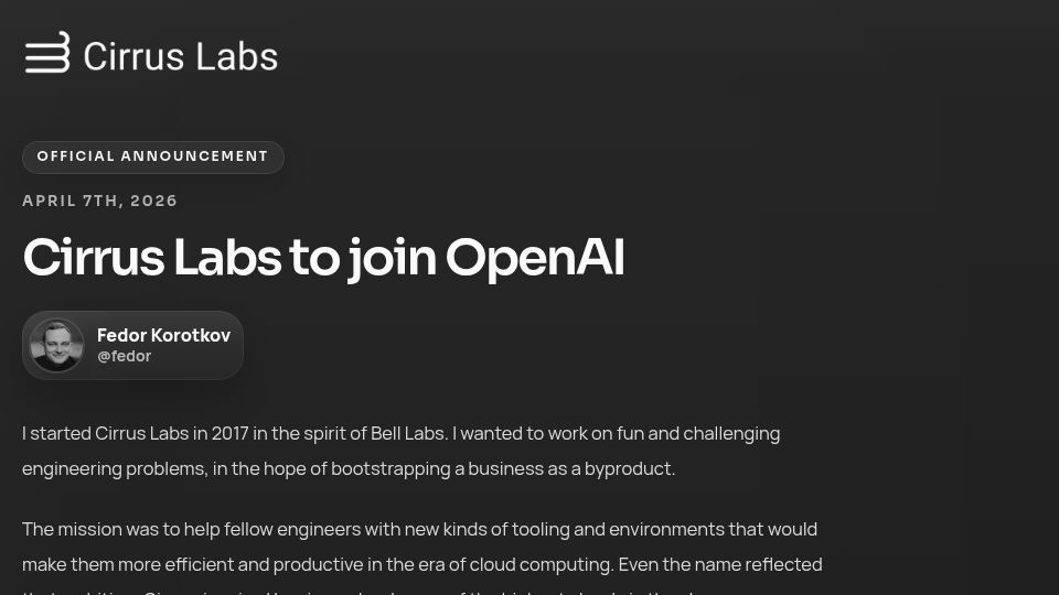Screenshot of cirruslabs.org: Cirrus Labs to join OpenAI