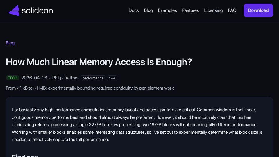 Screenshot of solidean.com: How much linear memory access is enough?