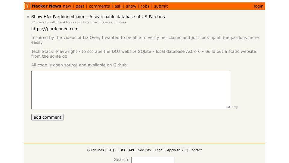 Screenshot of Hacker News post: Show HN: Pardonned.com – A searchable database of US Pardons