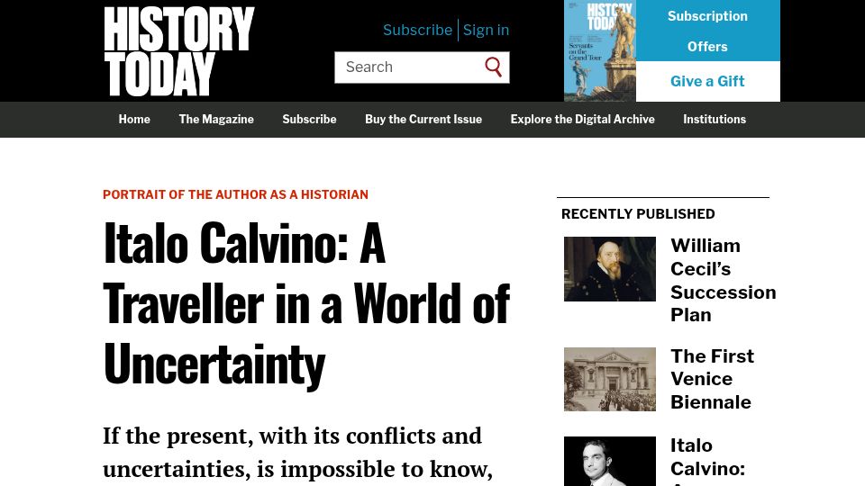 Screenshot of historytoday.com: Italo Calvino: A traveller in a world of uncertainty
