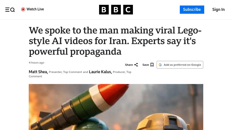 Screenshot of bbc.com: We spoke to the man making viral Lego-style AI videos for Iran
