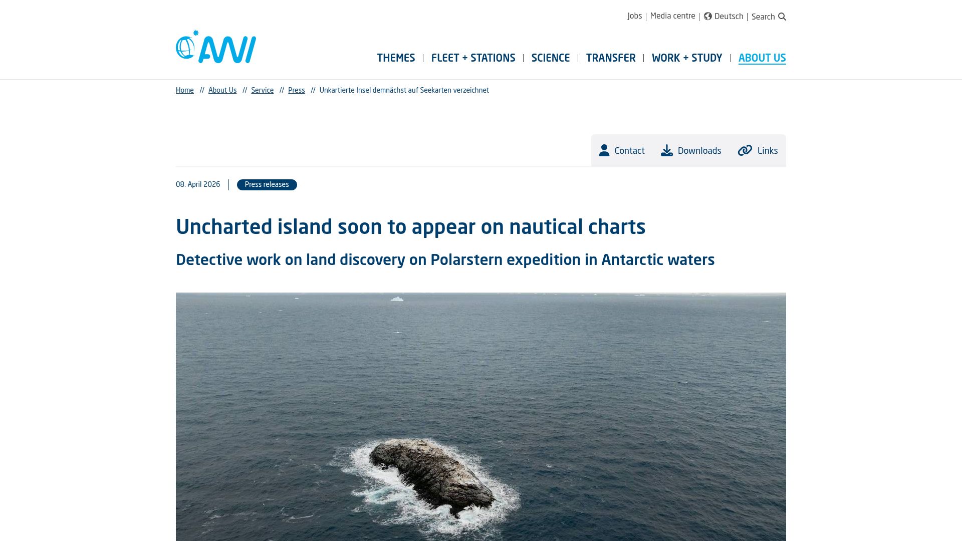Screenshot of awi.de: Uncharted island soon to appear on nautical charts