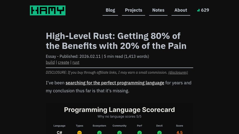Screenshot of hamy.xyz: High-Level Rust: Getting 80% of the Benefits with 20% of the Pain