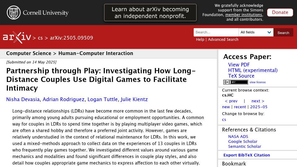 Screenshot of arxiv.org: How long-distance couples use digital games to facilitate intimacy (2025)