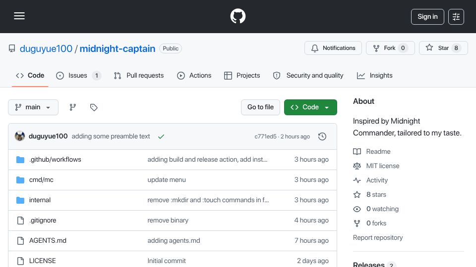Screenshot of github.com: Midnight Captain – A midnight commander inspired file manager