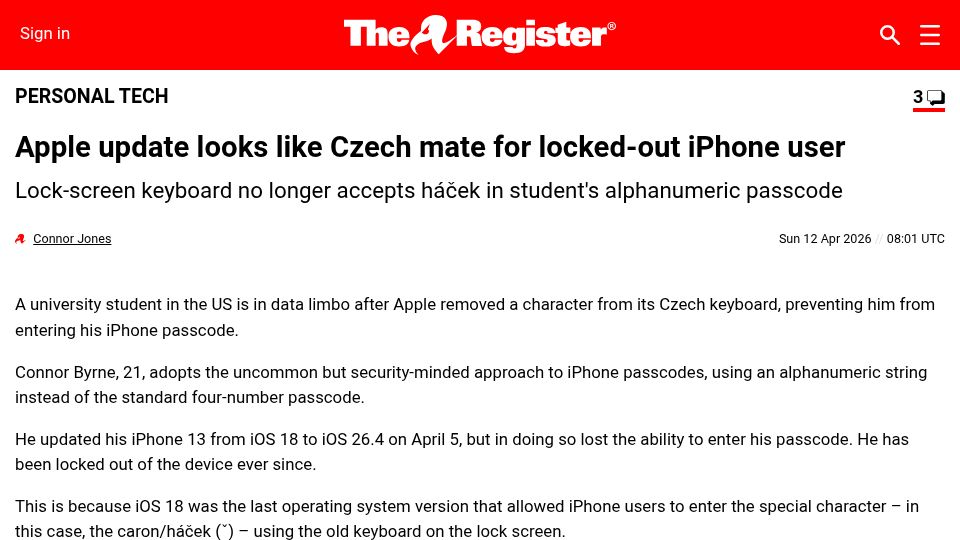 Screenshot of theregister.com: Apple update looks like Czech mate for locked-out iPhone user
