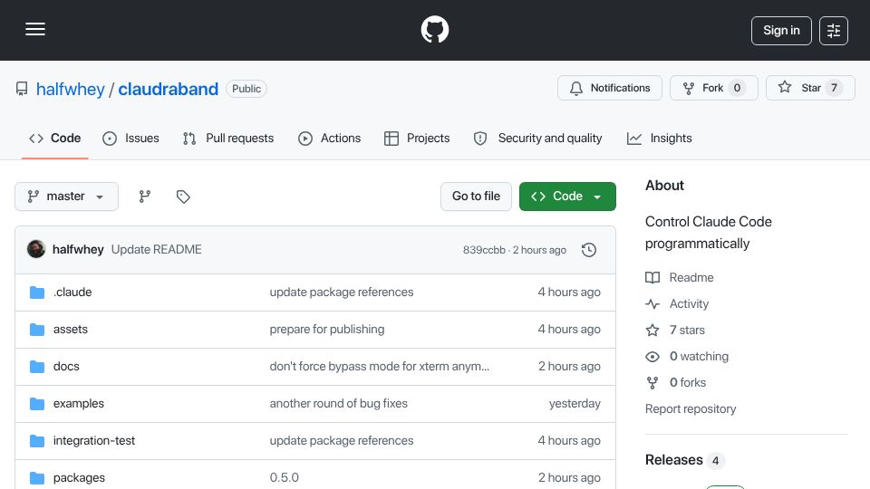 Screenshot of github.com: Show HN: Claudraband – Claude Code for the Power User