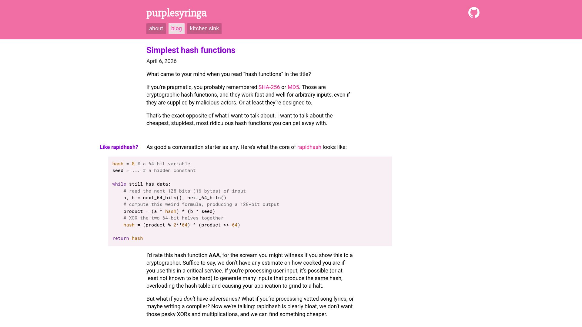 Screenshot of purplesyringa.moe: Simplest Hash Functions