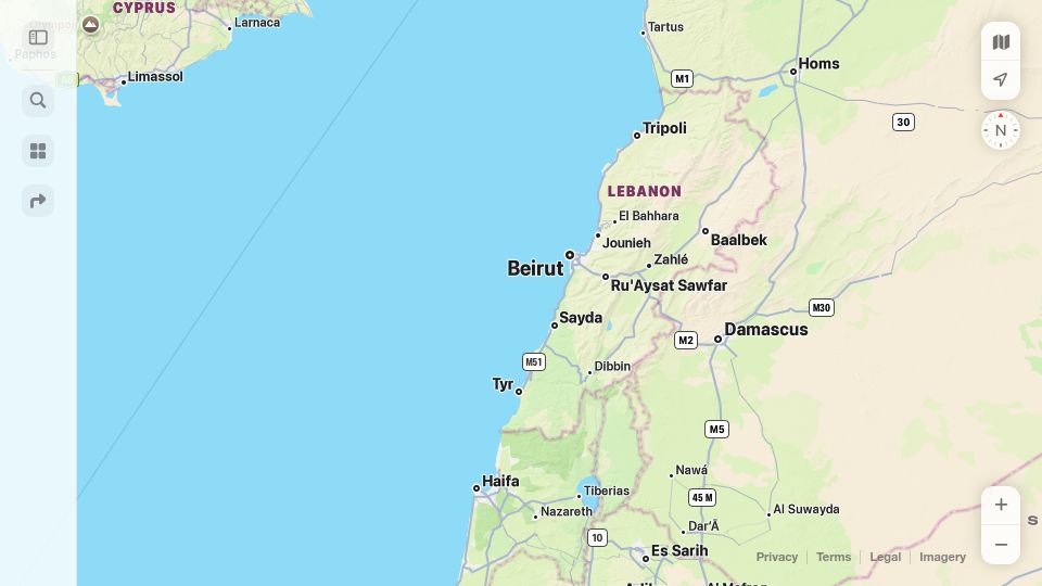 Screenshot of maps.apple.com: Apple has removed most of the towns and villages in Lebanon from Apple maps?