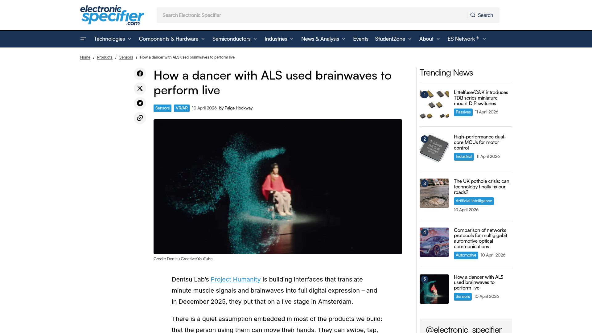 Screenshot of electronicspecifier.com: How a dancer with ALS used brainwaves to perform live