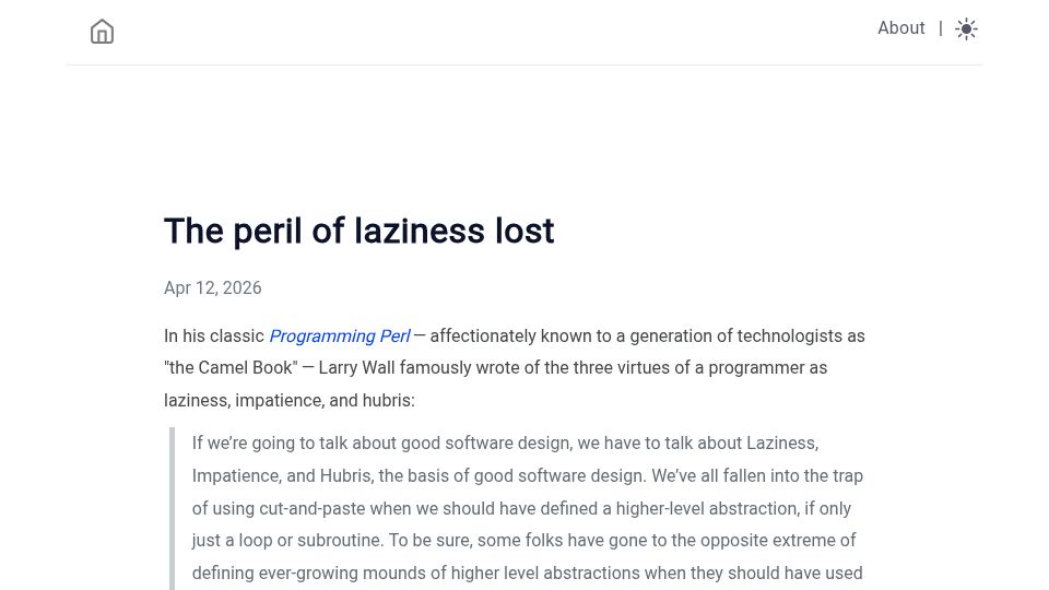 Screenshot of bcantrill.dtrace.org: The peril of laziness lost