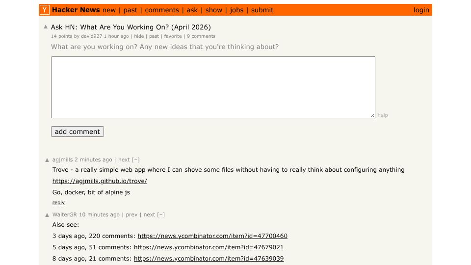 Screenshot of Hacker News post: Ask HN: What Are You Working On? (April 2026)