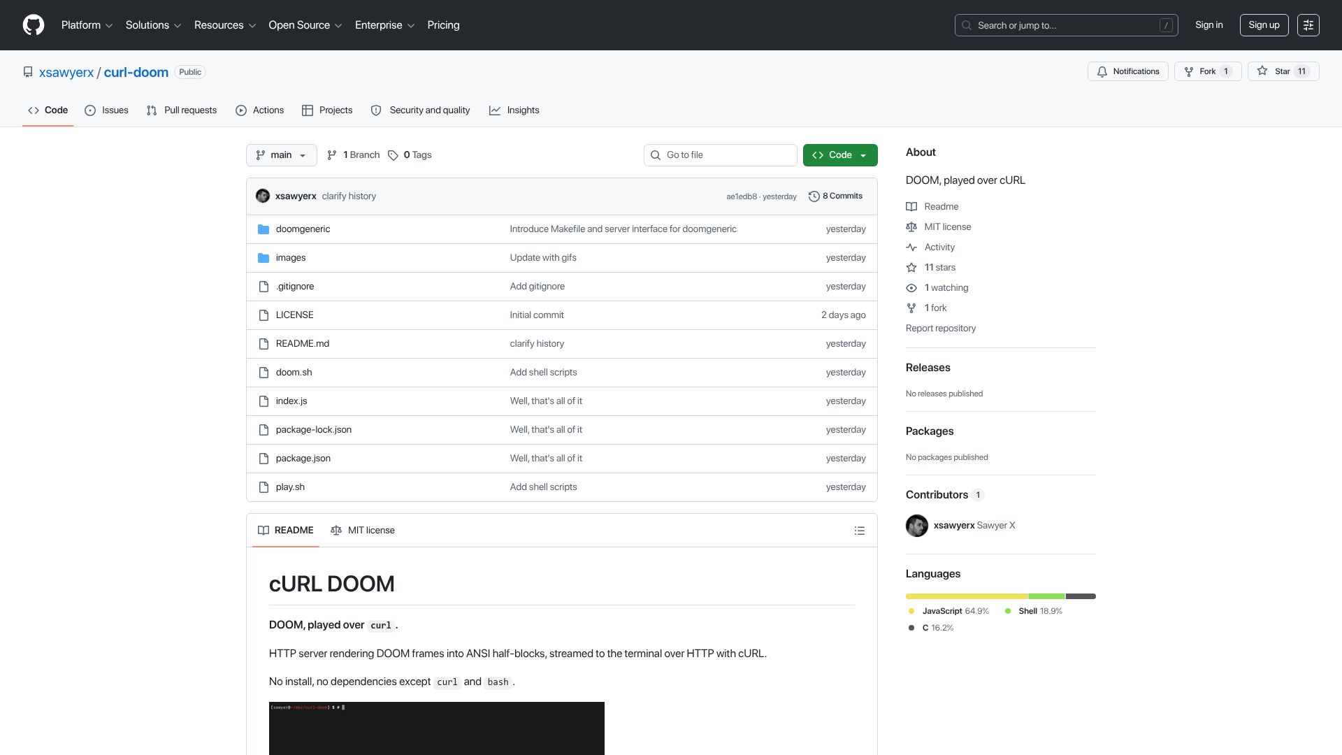 Screenshot of github.com: Doom, Played over Curl