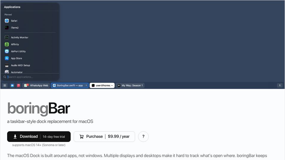 Screenshot of boringbar.app: Show HN: boringBar – a taskbar-style dock replacement for macOS