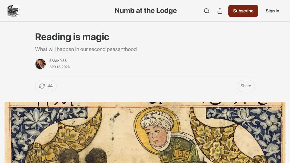 Screenshot of samkriss.substack.com: Reading Is Magic