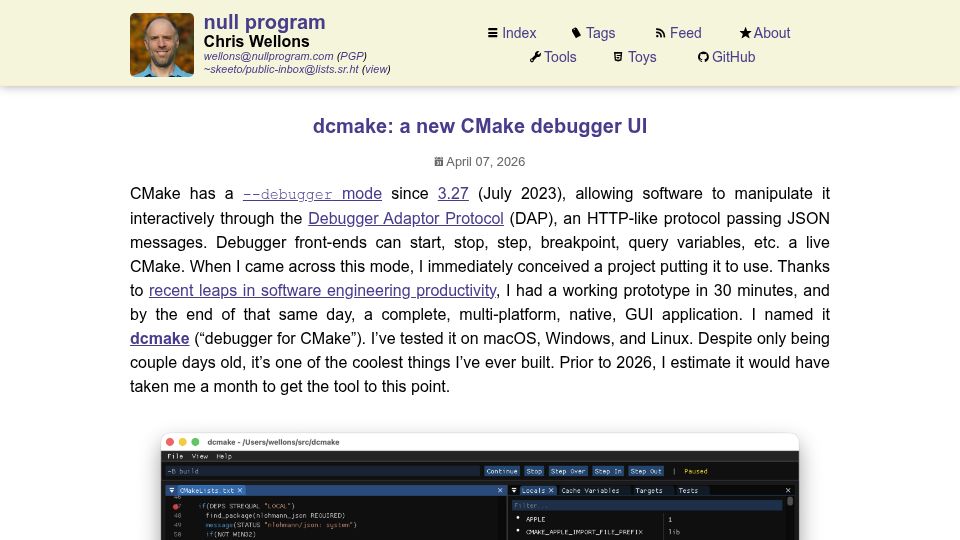 Screenshot of nullprogram.com: Dcmake: A new CMake debugger UI