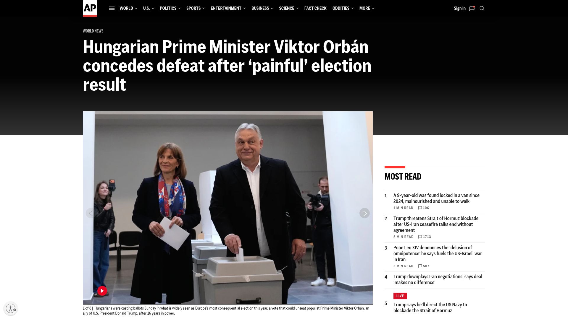Screenshot of apnews.com: Viktor Orbán concedes defeat after 'painful' election result