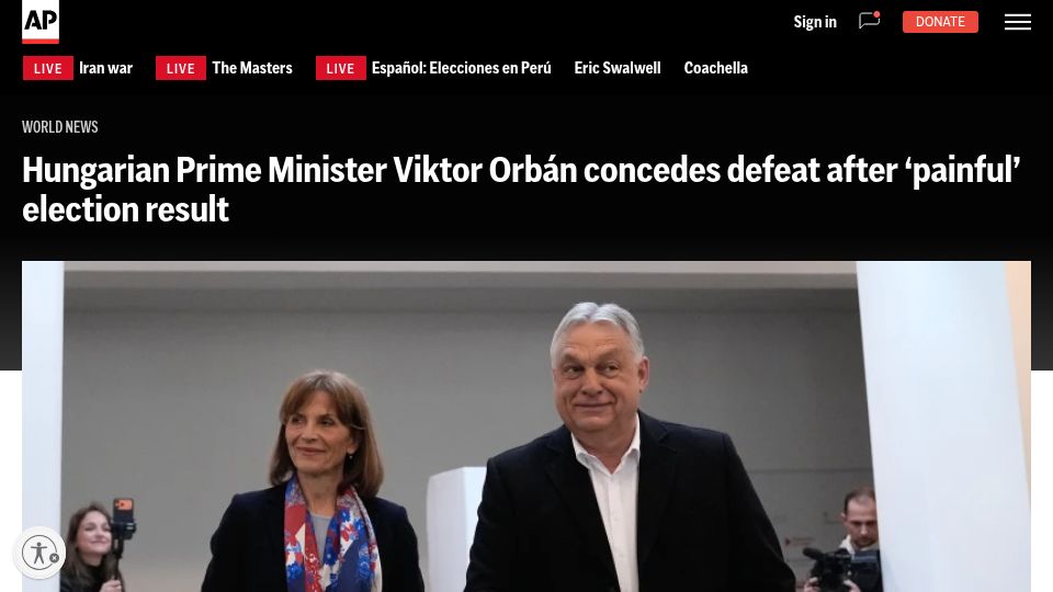 Screenshot of apnews.com: Viktor Orbán concedes defeat after 'painful' election result
