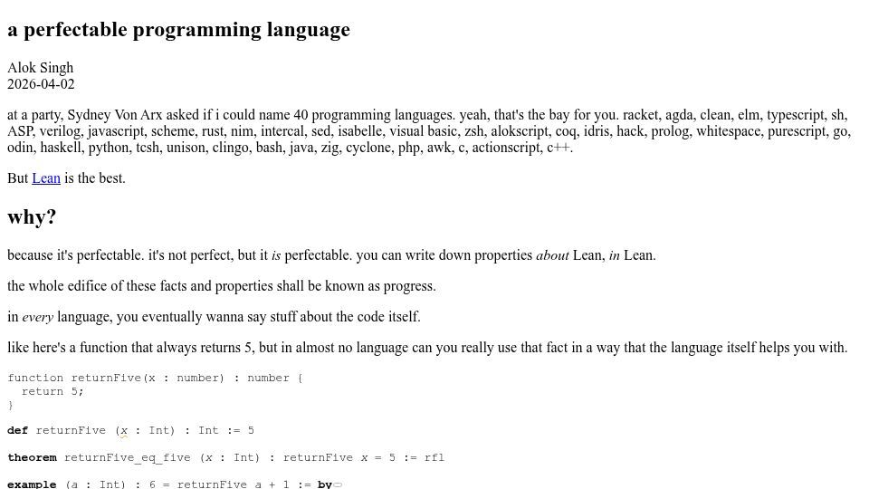 Screenshot of alok.github.io: A perfectable programming language