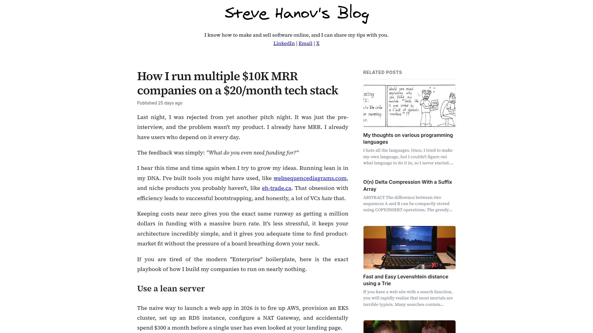 Screenshot of stevehanov.ca: I run multiple $10K MRR companies on a $20/month tech stack