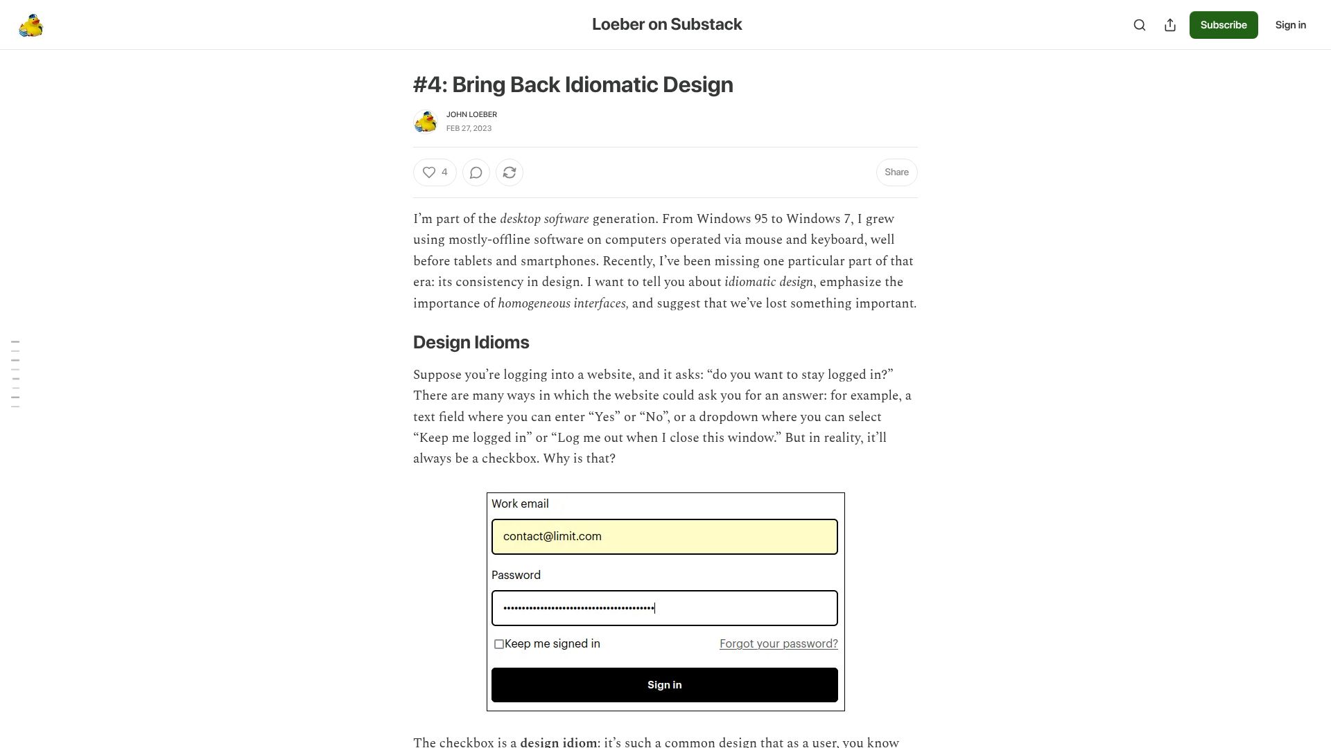 Screenshot of essays.johnloeber.com: Bring Back Idiomatic Design (2023)