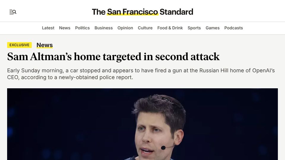 Screenshot of sfstandard.com: Sam Altman's home targeted in second attack