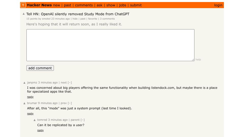 Screenshot of Hacker News post: Tell HN: OpenAI silently removed Study Mode from ChatGPT