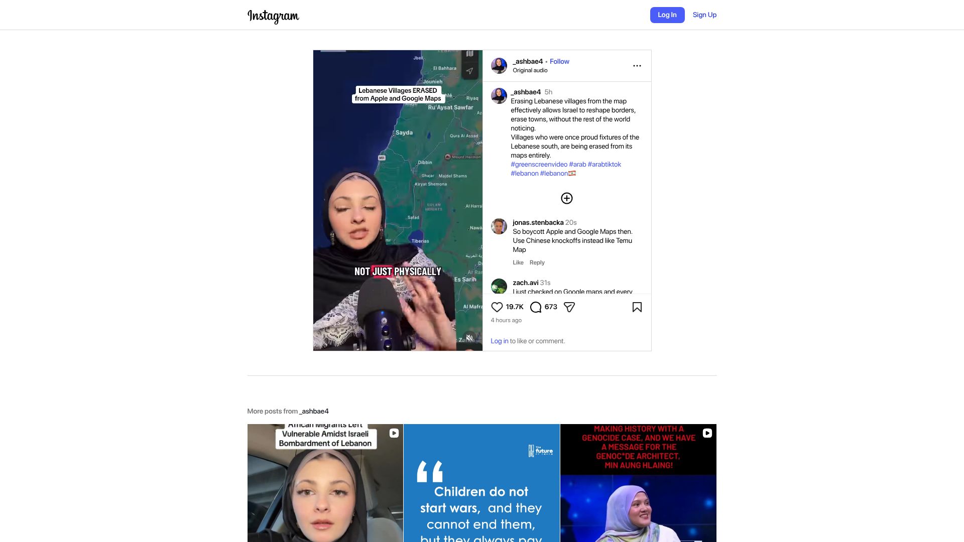 Screenshot of instagram.com: Lebanese villages erased from Apple and Google Maps