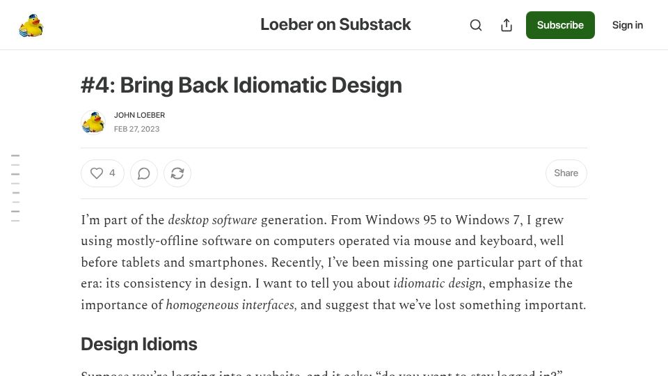 Screenshot of essays.johnloeber.com: Bring Back Idiomatic Design (2023)