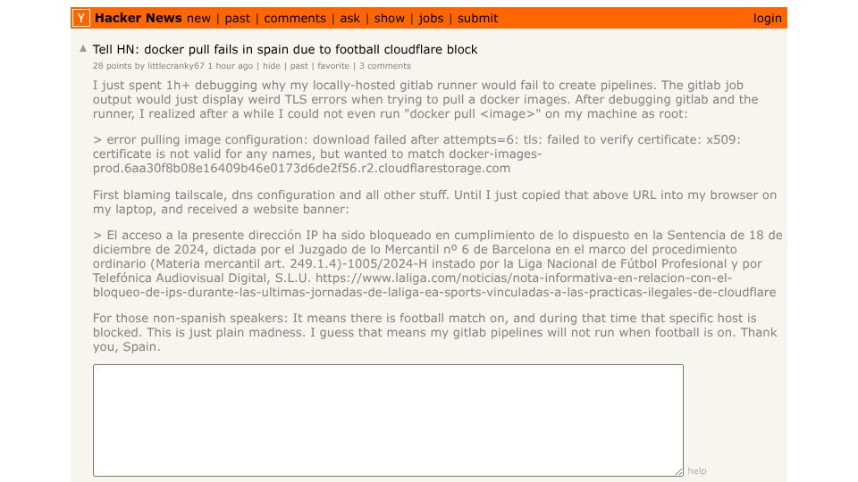 Screenshot of Hacker News post: Tell HN: Docker pull fails in Spain due to football Cloudflare block