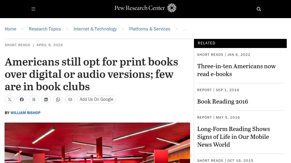 Screenshot of pewresearch.org: Americans still opt for print books over digital or audio versions