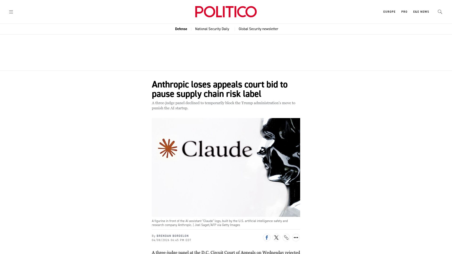 Screenshot of politico.com: Anthropic loses appeals court bid to pause supply chain risk label