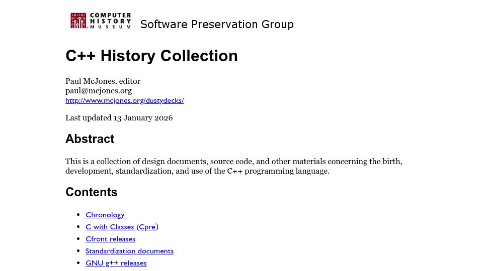 Screenshot of softwarepreservation.computerhistory.org: Software Preservation Group: C++ History Collection